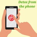 One hand holds the phone, the other simulates pressing the phone`s power button.The concept of time for a digital detox.